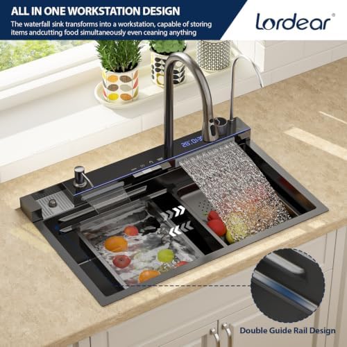Lordear 30 Inch Black Drop In Smart Kitchen Sink with Waterfall Faucet - Image 3