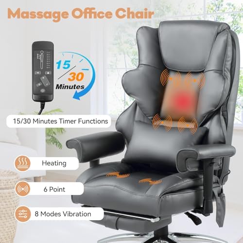 Vibration Massage Heated Office Desk Chair with Foot Rest, Gray - Image 5