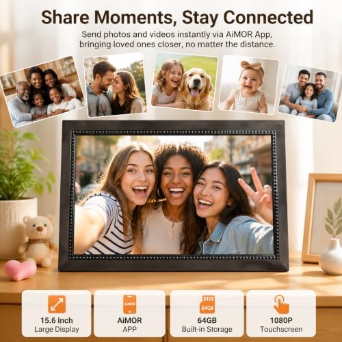 WiFi Digital Picture Frame, 15.6 Inch Large Display, 64GB Memory, 1920×1080 IPS Touch Screen, Wall‑Mountable & Tabletop, Share Photos & Videos via AiMOR App, for Loved Ones - Image 2