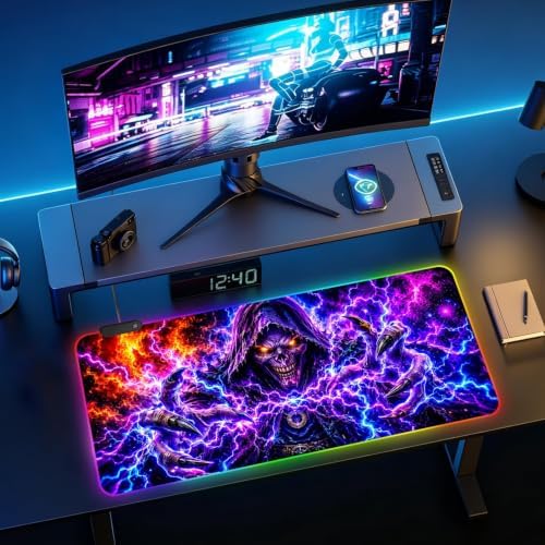 Halloween Skull RGB Gaming Mouse Pad Large Extended Desk Mat 35.4 x 15.7 inch LED Glowing Mousepad Light Up Keyboard Pad Non-Slip Rubber Base - Image 4