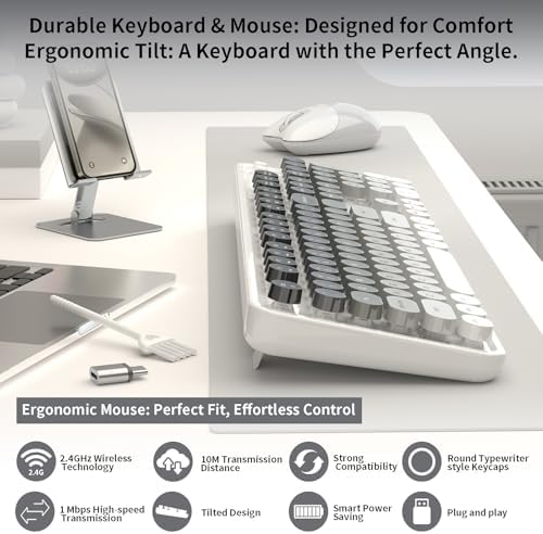 Creamy Wireless Keyboard and Mouse, MOFII 104 Round Keycaps Retro Typewriter with OTG & Brush, Full-Size Ergonomic, Ideal for Windows PC, Home, Office and College Gray White - Image 2