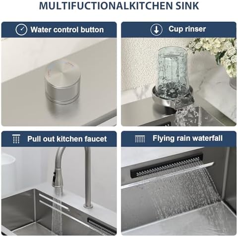 Lordear 31 Drop Kitchen Sink with Faucet Combo - 31"x20" Waterfall Kitchen Sink Workstation Stainless Steel 16 Gauge Single Bowl Topmount Handmade Sinks with Pull Out Faucet - Image 6