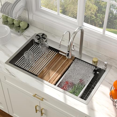 33 Inch Drop In Workstation Waterfall Kitchen Sink with Accessories by Couoko