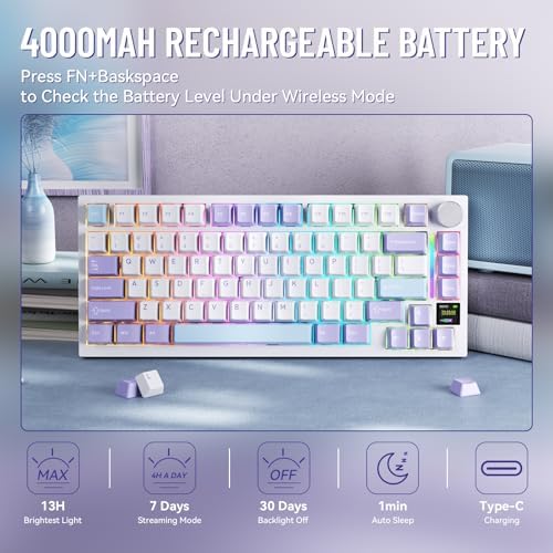 MAMBASNAKE Attack Shark X820 Ultra Wireless Mechanical Keyboard with TFT Smart Display&Knob,75% Bluetooth/2.4GHz/USB-C Wired Gaming Keyboard,Gasket-Mounted Linear Switch,for Win/Mac-White Purple - Image 6