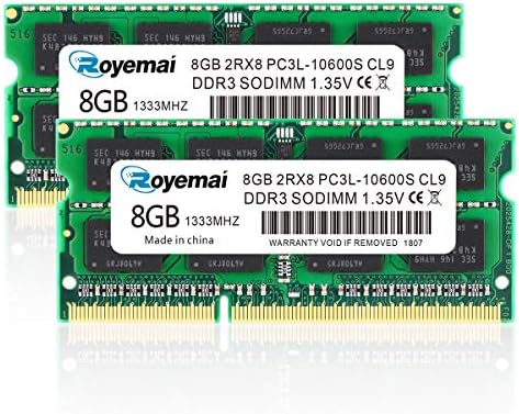 16GB Kit (2x8GB) DDR3L/DDR3 10600S 1333MHz RAM, Royemai PC3L/PC3 10600 SODIMM 1.35V/1.5V CL9 2Rx8 Notebook Laptop Computer Memory Module by DUOMEIQI