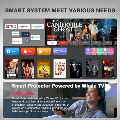 [2000 ANSI & Auto Focus]Black Smart Mini Projector with WiFi and Bluetooth, XuanPad 4K Support Movie Projector, Portable Native 1080P Outdoor Projector with 360° Stand - Image 6