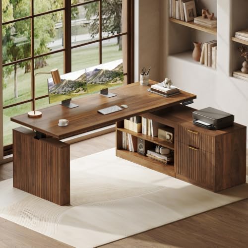 OffiGo Fluted 63 Inch L Shaped Electric Standing Desk with Storage, Walnut by OfficeGo-ForHomeOfficeWork