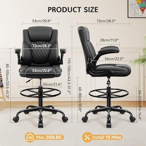 Drafting Chair, Tall Office Chair for Standing Desk, High Executive Leather Ergonomic Computer Chair with Adjustable Height and Flip-Up Armrest for Counter Height Desk, Black, Pack of 1 - Image 3