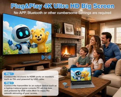 Upgraded Wireless HDMI Transmitter and 2 Receivers with LED Screen, Up to 6 RXs,165FT Plug & Play 1080P HD Output 5.8GHz Extender for TV Box/Laptop/Projector/Camera to Multiple Screens Grey - Image 4