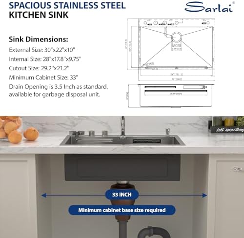Sarlai Waterfall Kitchen Sink 30 Inch Drop In Kitchen Sink Topmount 16 Gauge Stainless Steel 30x22 Inch Single Bowl Multifuction Workstation Top Mount Sinks with Double Knob - Image 6