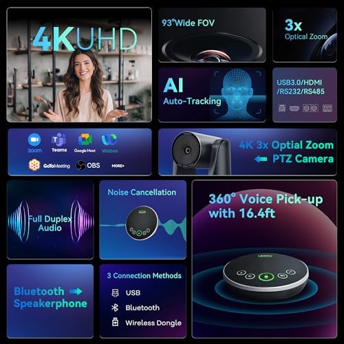 TONGVEO 4K Conference PTZ Camera 3X Zoom & Bluetooth Speakerphone System - Image 2