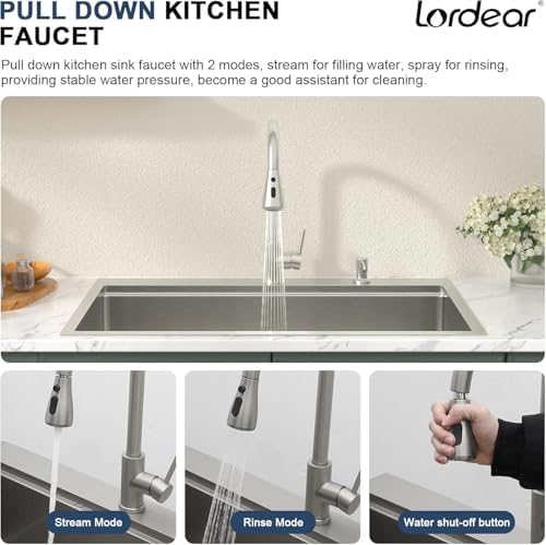 Lordear 33x22 Inch Drop In Kitchen Sink With Faucet 33 Inch Kitchen Sink with Faucet Combo Workstation 16 Gauge Stainless Steel Single Bowl Topmount Basin - Image 5
