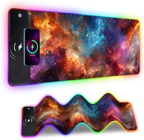 Wireless Charging RGB Gaming Mouse Pad, 31.5 x 11.8 Inch Extended Mouse Mat with Galaxy Nebula Design, LED Desk Pad with 7 Lighting Modes, Non-Slip Base for Gaming & Office by THISFIND