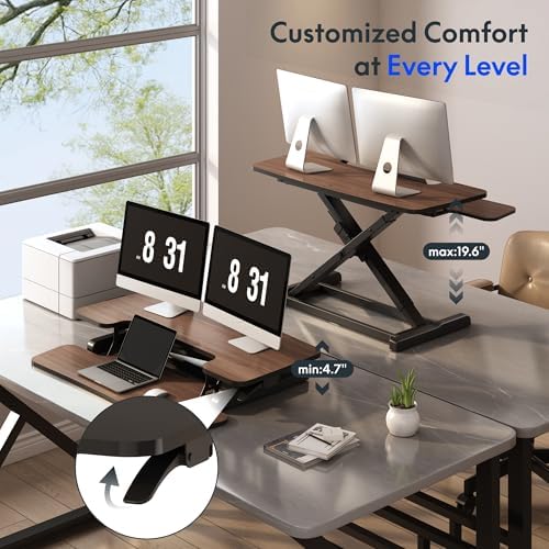 FLEXISPOT Standing Desk Converter 42" Premium Large Desk Riser for Triple Monitor, Spacious Desktop Sit Stand Workstation with Ergonomic Height Adjustment, Modern Stand Up Desk Riser, Walnut - Image 7