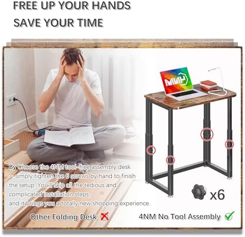 4NM No Tool Assembly 27.5" Small Desk, Folding Portable Desk with Wheels, Foldable Computer Home Office Desks, Collapsible Study Writing Table for Space Saving Bedroom - Rustic Brown - Image 5