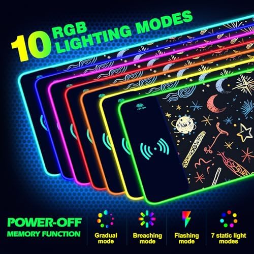 AIMSA RGB Gaming Mouse Pad with Wireless Charging, Large Keyboard Mouse Pad with 14 LED Light Modes, Non-Slip Rubber Base Waterproof Desk Pad for Home Office Decor, Abstract Moon Stars - Image 2