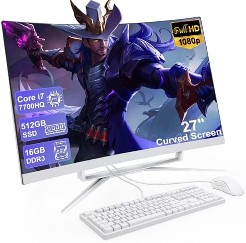 27 inch All-in-One Desktop Computer Curved FHD Display Core i7 7700HQ All-in-One PC 16GB DDR3 512GB ROM SSD Bluetooth 5.3 Dual Band WiFi with Mouse and Wired Keyboard by MECHAZER