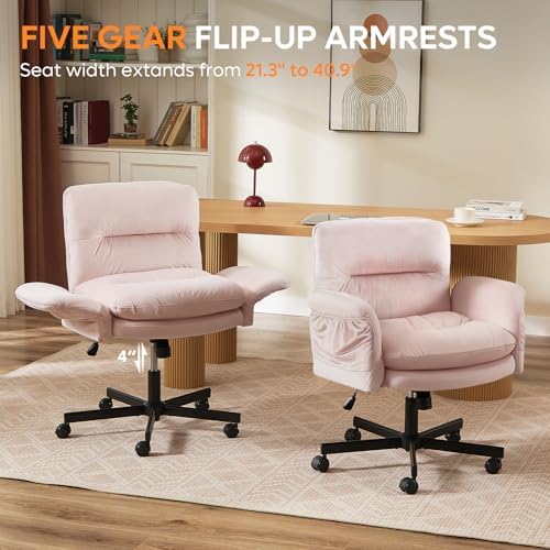 Bestier Velvet Vanity Chair with Flip-Up Arms, Swivel Makeup Chair Pink - Image 4