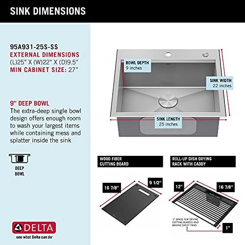 DELTA FAUCET Rivet 25-Inch Workstation Kitchen Sink Drop-In Top Mount 16 Gauge Stainless Steel Single Bowl with WorkFlow Ledge and Chef’s Kit of 5 Accessories, 95A931-25S-SS - Image 6