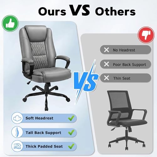 Executive Office Chair, Ergonomic High Back Desk Chair with Lumbar Support, Adjustable Big and Tall Computer Chair, 360° Swivel, PU Leather, Grey - Image 7