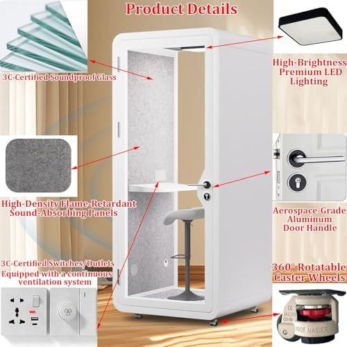 Soundproof Office Pod Booth Mobile Office Pod Booth with Desk/Tempered Glass Door/LED Light/Metal Lock, Private Meeting Room for Focused Study Read or Work, Call Privacy(C,100x100x233cm) - Image 5