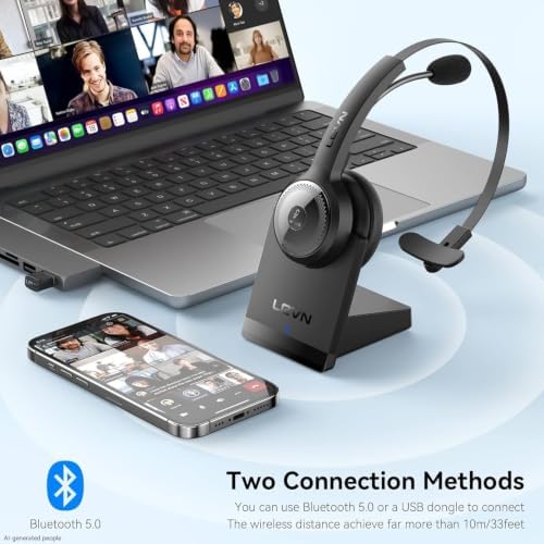 LEVN Bluetooth 5.0 Headset, Wireless Headset with Microphone (AI Noise Cancelling), 35Hrs Bluetooth Headphones with USB Dongle for PC, Suitable for Remote Work/Call Center/Zoom/Online Class, Black - Image 6
