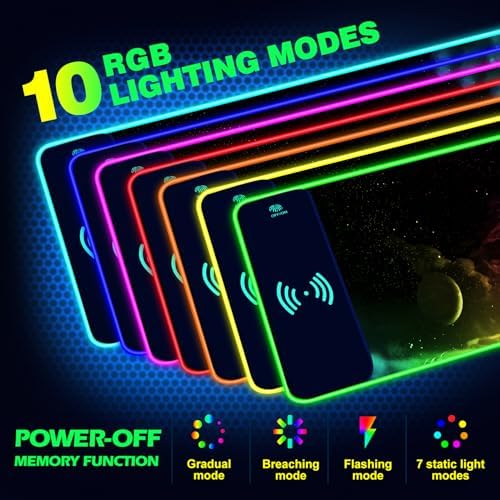 AIMSA Wireless Charging RGB Gaming Mouse Pad 15W, Extended LED Desk Mat Protector 800x300x4MM, 14 Light Modes Extra Large Mousepad Non-Slip Rubber Base Desk Mat, Nebula Universe - Image 2