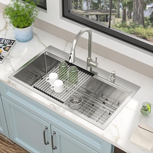 33 Kitchen Sink Drop In - Fulorni 33"x19" Ledge Workstation Top Mount 16 Gauge 304 Stainless Steel Over Mount Single Bowl Sink Basin with Faucet, Soap Dispenser - Image 4