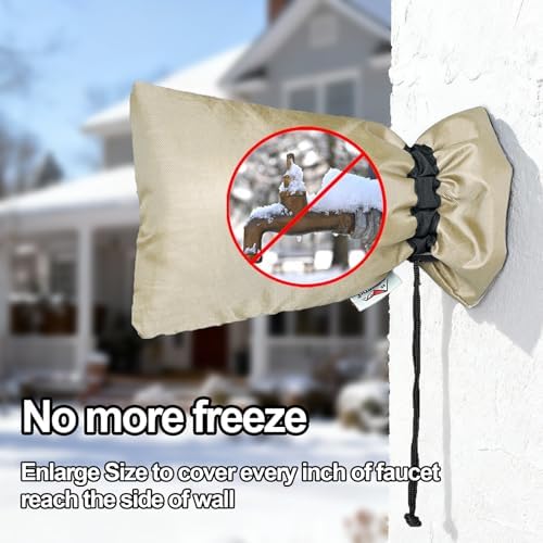 Enlarge Outdoor Faucet Cover for Winter Freeze Protection, 3M Thinsulate, 10"H x 6.3"W Hose Bib for Wall Taps Outside, Waterproof & Frost Free Insulated Spigot, 2 Pcs Faucet Socks - Sand - Image 6