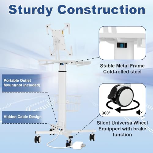 Mobile Tablet Cart for 9.7"-14" Tablet, Adjustable Height with Pneumatic Lifting(31.5" - 47.25"), Storage Basket, Cup Holder, Cable Management for Home, Office and Salon, Cold-Rolled Steel - Image 4