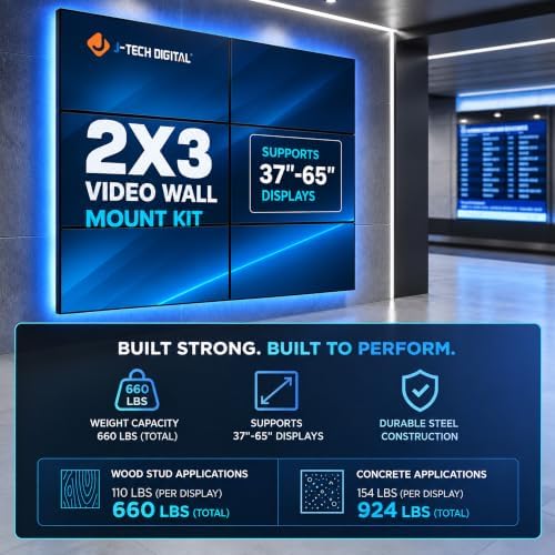 J-Tech Digital TV Video Wall Mount Kit, 2x3 Video Wall TV Mount Kit Fits 6 Screens 37” – 65” with Adjustable Tilt Leveling Pop Out Arms, Wide VESA Range, 154lbs Per Display [JTECH-VMM-KIT23] - Image 2