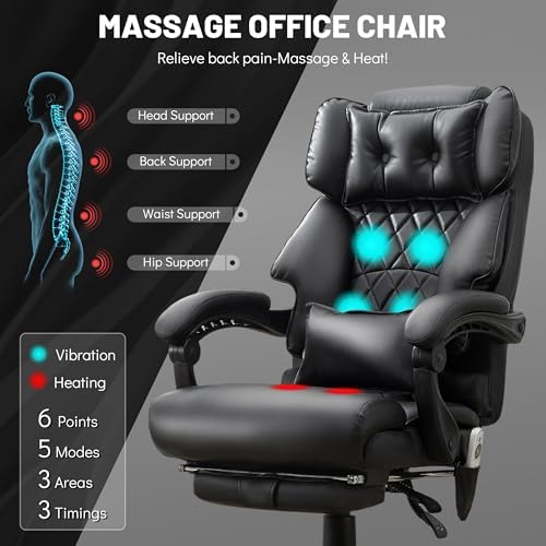 Massage Office Chair with Foot Rest,6 Points Vibration & Heat Executive Office Chairs,500LBS Big and Tall Office Chair for Heavy People,Ergonomic Reclining Desk Chair,Dual-Use Pillow,Home Office,Black - Image 4