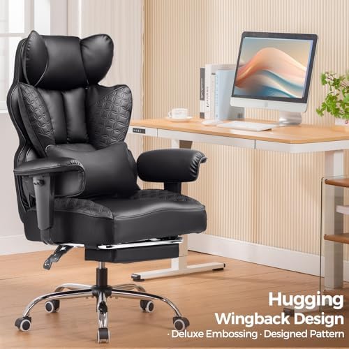 COMHOMA Big and Tall Office Chair Heavy Duty Wide Ergonomic Gaming Chair with Deluxe Embossing Designed Leather with Foot Rest, 145°Reclining Adjustable Armrests Pocket Spring Back Support and Pillow - Image 3