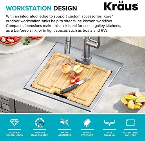 Kraus KWT321-15-316 Kore Outdoor Workstation Drop-In 16 Gauge Marine Grade T-316 Stainless Steel Square Single Bowl Kitchen Bar Sink with Accessories, 15 x 15 Inch - Image 5