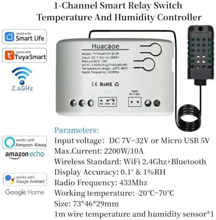 1CH Tuya Intelligent Temperature and Humidity Sensor,DC 7-32V/USB 5V Dry Contact Relay,Dry Contact,Timing Switch,Real-Time Monitoring Intelligent Module,Compatible with Alexa Google - Image 2