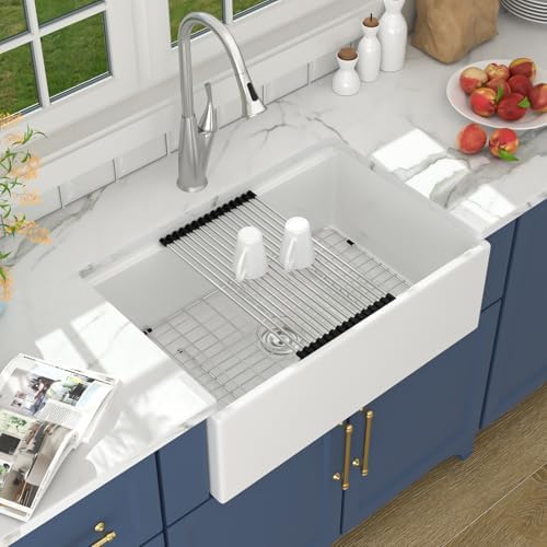Lordear 33 White Farmhouse Sink Workstation Porcelain Farm Kitchen Sinks White Single Bowl Basin 33x20x10 Inch Large Bowl Sink - Image 2