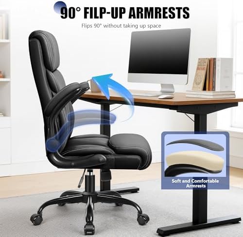 Primy Office Chair, High Back Desk Chair with Flip-up Armrests,Black - Image 3