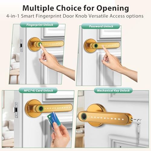 Fingerprint Door Lock Biometric Door Knob with Keypad Keyless Entry, Door Locks for Bedrooms, Home Hotel Office Apartment Gold - Image 3