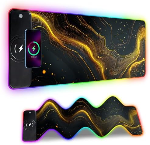 Wireless Charging RGB Gaming Mouse Pad, 31.5 x 11.8 Inch Extended Mouse Mat with Black & Gold Abstract Wave Design, LED Desk Pad with 7 Lighting Modes, Non-Slip Base for Gaming & Office by THISFIND