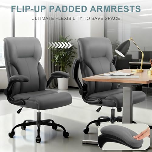 Executive Office Chair,High Back Ergonomic Comfy Desk Chair with Padded Flip-up Armrests and Wheels,PU Leather Heavy Duty Computer Swivel Rolling Task Chair for Home Office,Adults,Gray - Image 5