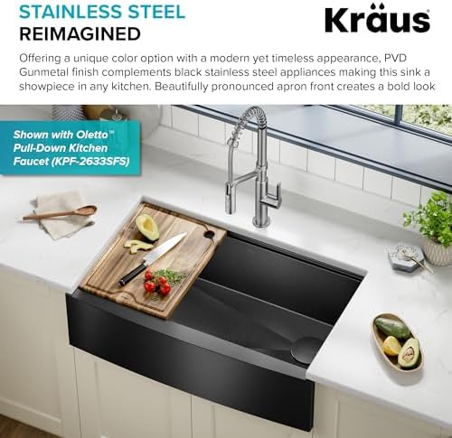 KRAUS Kore Workstation 33-inch Farmhouse Apron Front 16 Gauge Black Stainless Steel Single Bowl Kitchen Sink in PVD Gunmetal Finish with Accessories, KWF210-33/PGM - Image 5