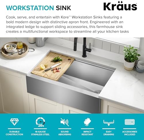 Kraus Kore 33-Inch Farmhouse Workstation with In Sink Dish Drying Rack, Stainless Steel Kitchen Sink, KWF410-33 - Image 3