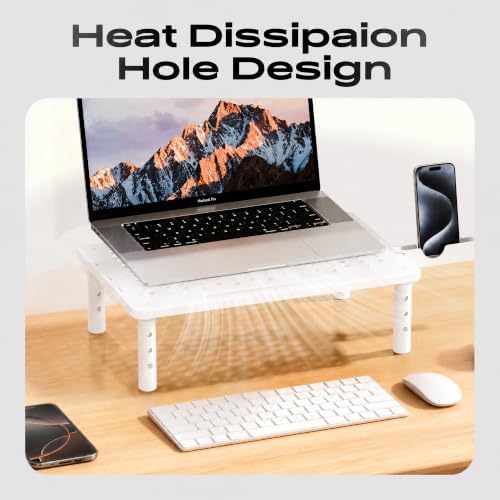 Computer Monitor Stand Riser for Desk, 3 Height Adjustable PC Laptop TV Desktop Monitor Stand Shelf, Metal Printer Table with Phone Holder, Stand Riser for Desk, Office Desk Organizers and Accessories, White 1 Pack - Image 6