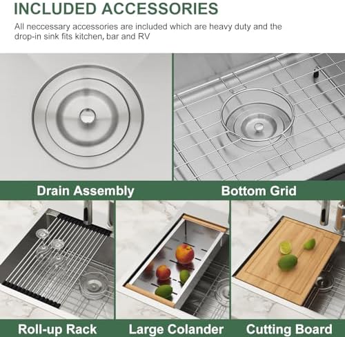 33x22 Drop In Workstation Kitchen Sink with Accessories - Image 4