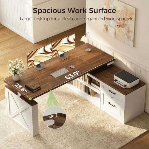 OffiGo 63 Inch Farmhouse L Shaped Electric Standing Desk, Walnut+White - Image 4