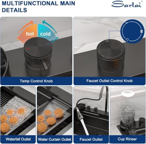 Sarlai Black Waterfall Drop Kitchen Sink 33 Inch Drop In Workstation Sink - Image 3