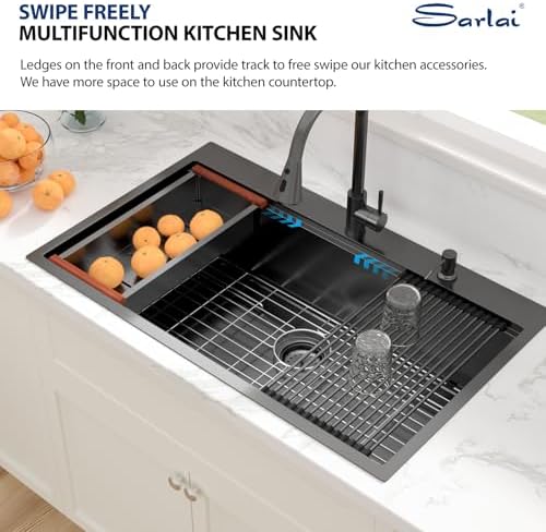 Sarlai 36 Inch Drop In Kitchen Sink - 36x22 Black Drop Kitchen Sink Ledge Workstation 16 Gauge Stainless Steel Gunmetal Black Sinks Topmount Single Bowl Over Counter Sinks Basin Round Corners - Image 6