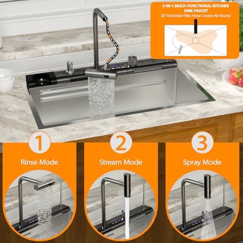 Mocoloo 30 Inch Honeycomb Waterfall Kitchen Sink Drop in, 30x19 Inch Stainless Steel Workstation Sink 16 Gauge Topmount Single Bowl LED Display Sink with Complete Kit - Image 5