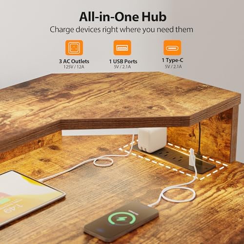 Agilestic 63*35 Inch L Shaped Standing Desk with Shelf & Led& Outlet, Brown - Image 6