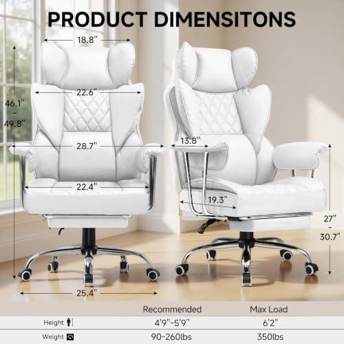 COMHOMA Big and Tall Gaming Chair with Pocket Spring Lumbar Support, Ergonomic Office Chair with Footrest, Executive Desk Chair with Outward Fixed Soft Armrests, Computer Chair with High Back, White - Image 3